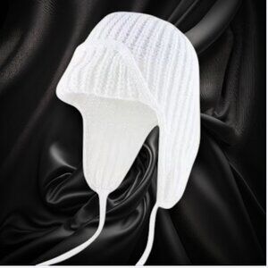 White Knitted Winter Bonnet Hat with Ties – Soft & Cozy